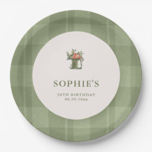 Picnic Summer Green Plaid Floral Birthday Paper Plate