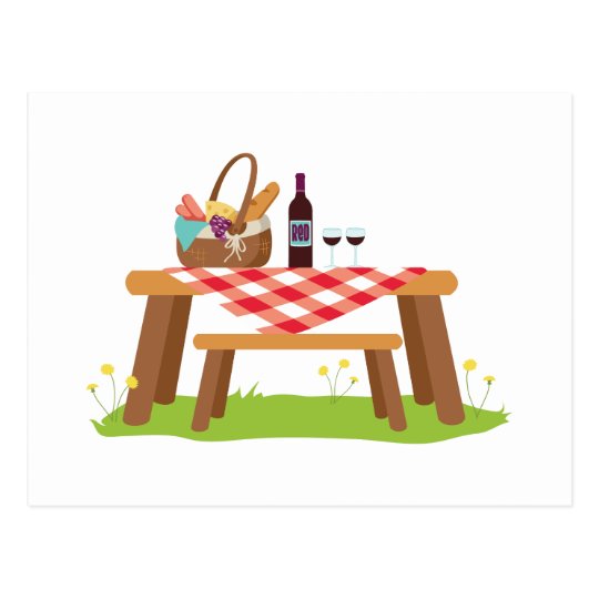 Picnic Table Basket Wine Postcard