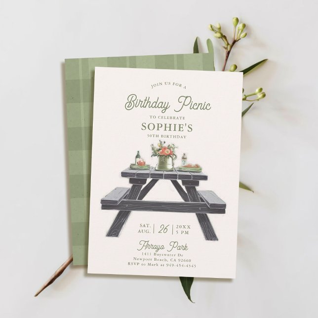 Picnic Table Summer Elegant Modern 50th Birthday Invitation (50th birthday invitation picnic summer spring fall casual modern classy chic watercolor.)