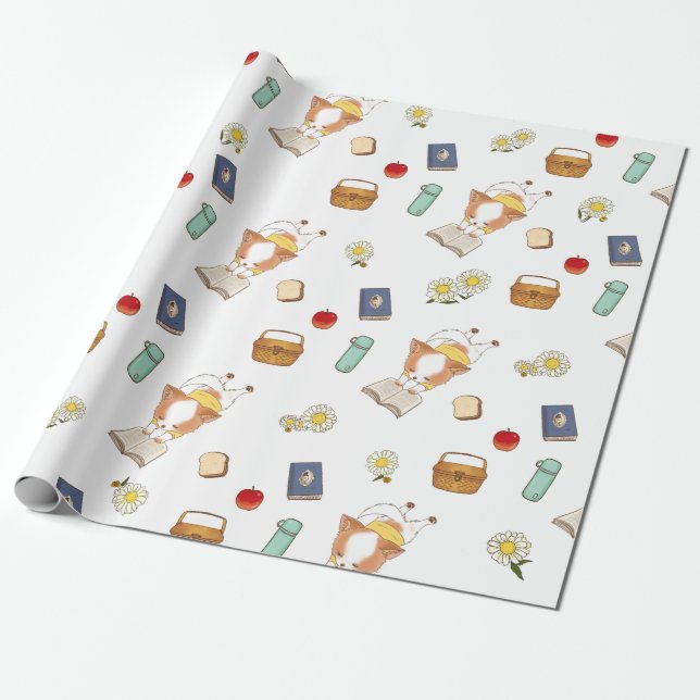 Picnic Time Mochi Reading a book white  Wrapping Paper (Unrolled)