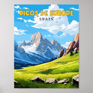 Picos de Europe Spain vintage travel illustration Poster