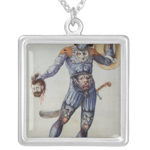 Pictish Man holding a Human Head Silver Plated Necklace