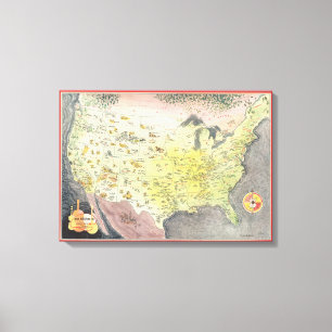 Pictorial Map of America - Cartoon Sketches Canvas Print