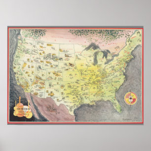 Pictorial Map of America - Cartoon Sketches Poster