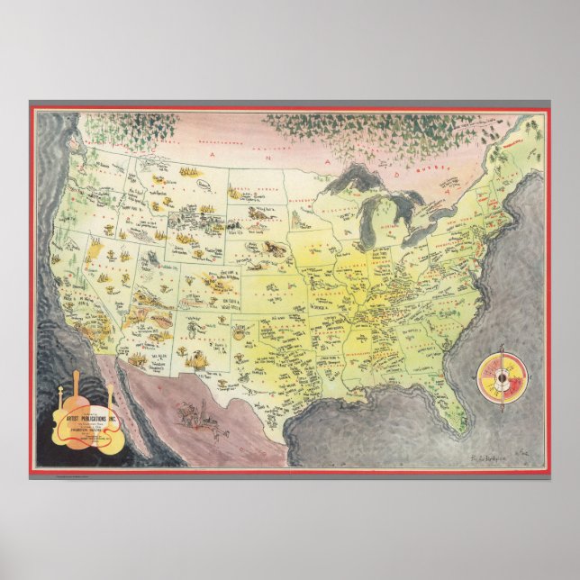Pictorial Map of America - Cartoon Sketches Poster (Front)