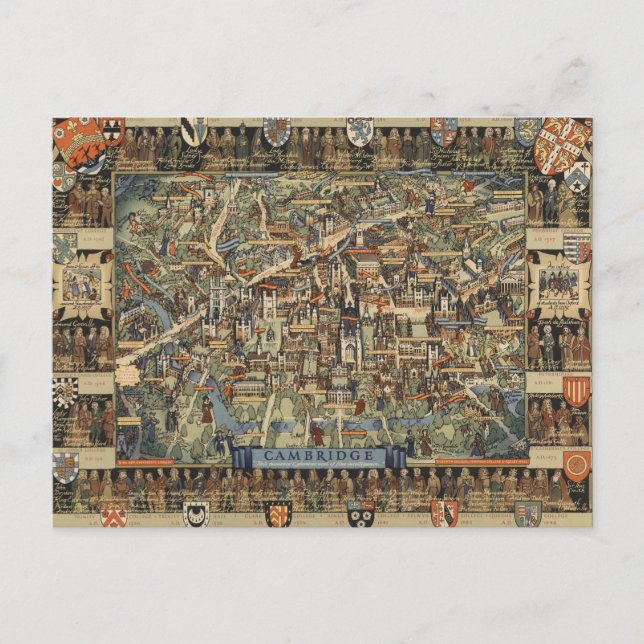 Pictorial Map of Cambridge, England Postcard (Front)