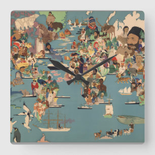 Pictorial Map of the World Square Wall Clock