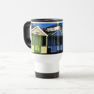 picture of beach huts and blue skies seaside travel mug