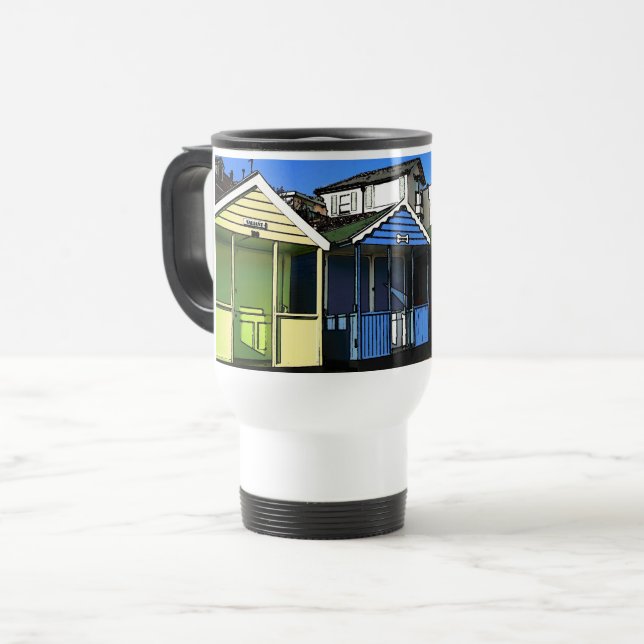 picture of beach huts and blue skies seaside travel mug (Front Left)