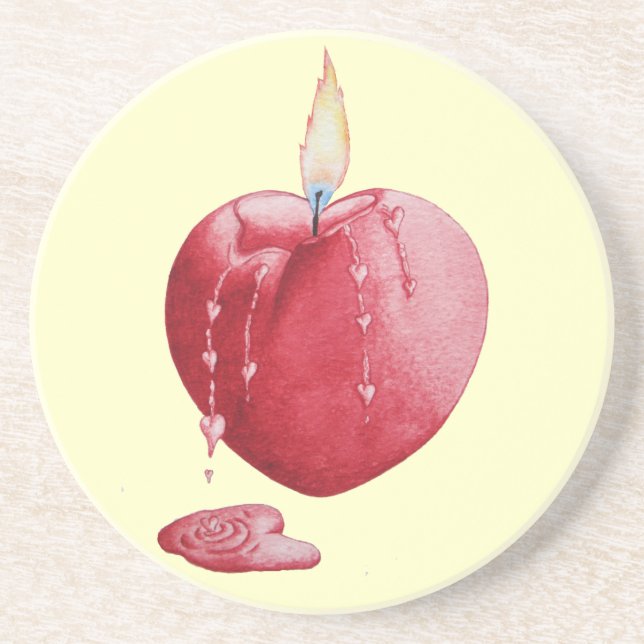 picture of burning red heart shaped candle coaster (Front)