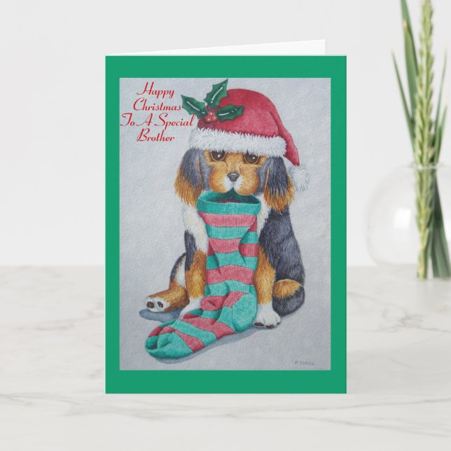 picture of cute black and brown christmas puppy holiday card (Front)