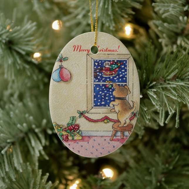 picture of cute puppy at christmas  ceramic tree decoration (Tree)