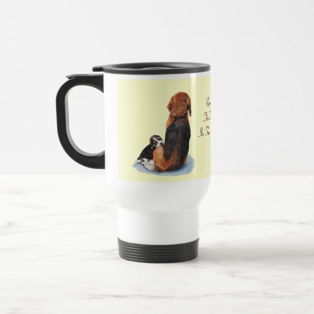 picture of cute puppy beagle cuddling mum dog travel mug (Left)