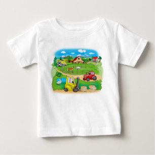 picture on a T-shirt with cars and a village for a