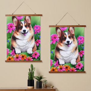 Picturesque Floral Corgi  Hanging Tapestry