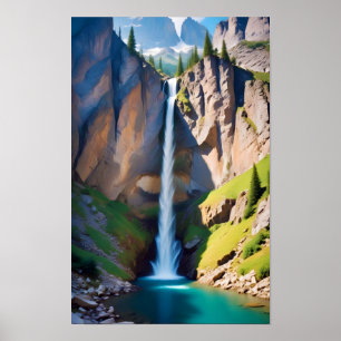 Picturesque Landscape Mountains Waterfall Nature Poster