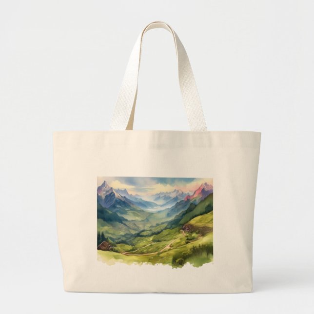 Picturesque Mountain Valley Artwork Large Tote Bag (Front)