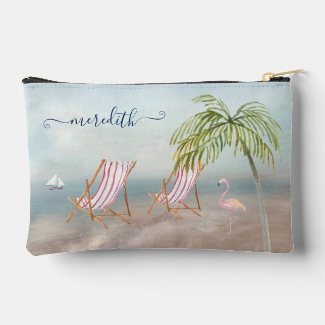 Picturesque Watercolor Beach Scene Name Accessory Pouch (Back)
