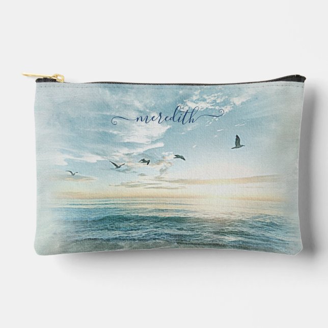 Picturesque Watercolor Beach Scene Name Accessory Pouch (Front)