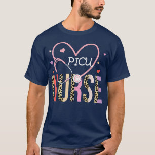 PICU Nurse Valentine Leopard Print Heart Stethosco T-Shirt