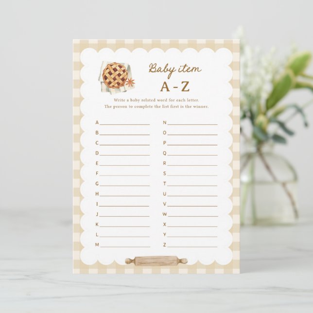 Pie Baby Shower Baby Item A-Z Alphabet Game Cards (Standing Front)
