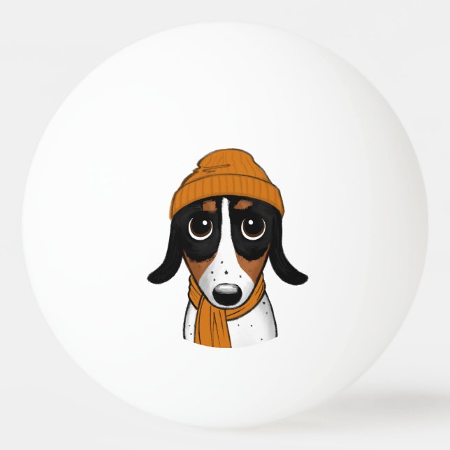 Piebald Dachshund Dog with Beanie Cap Ping Pong Ball (Front)