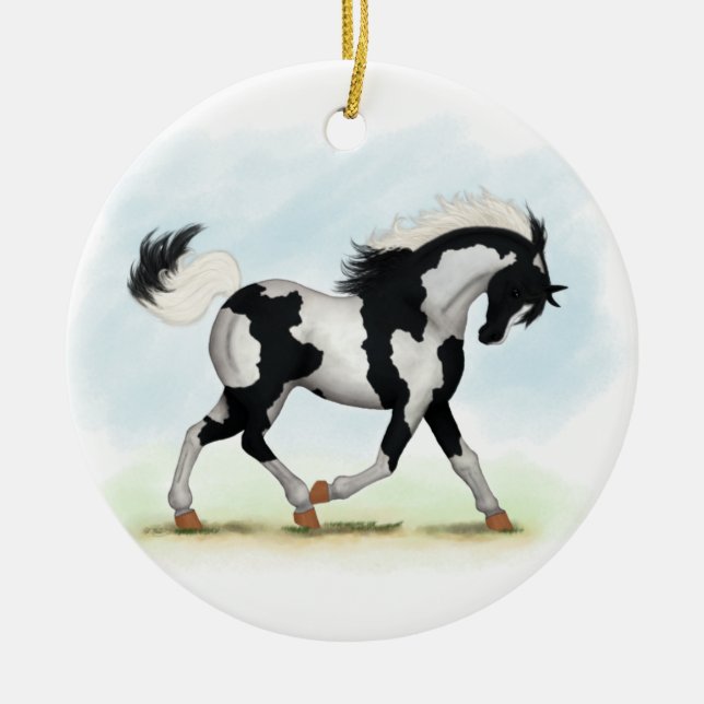 Piebald Overo Pinto Horse Ceramic Tree Decoration (Front)