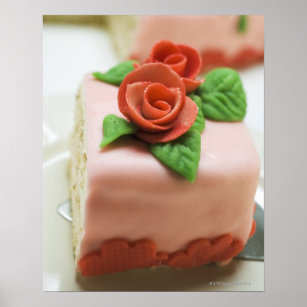 Piece of birthday cake with marzipan roses on poster