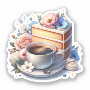 Piece of Cake, Cup of Coffee and Flowers