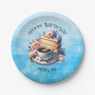 Piece of Cake, Cup of Coffee and Flowers Paper Plate