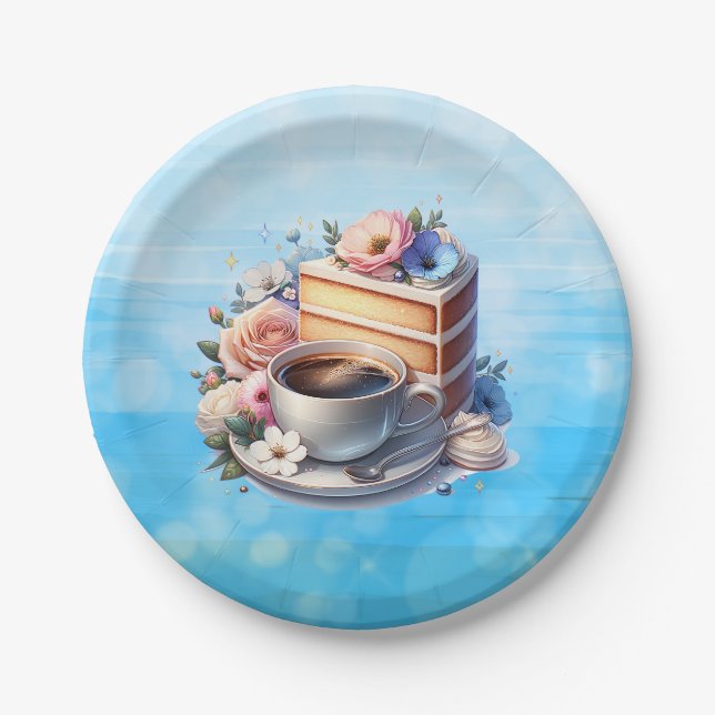 Piece of Cake, Cup of Coffee and Flowers Paper Plate (Front)