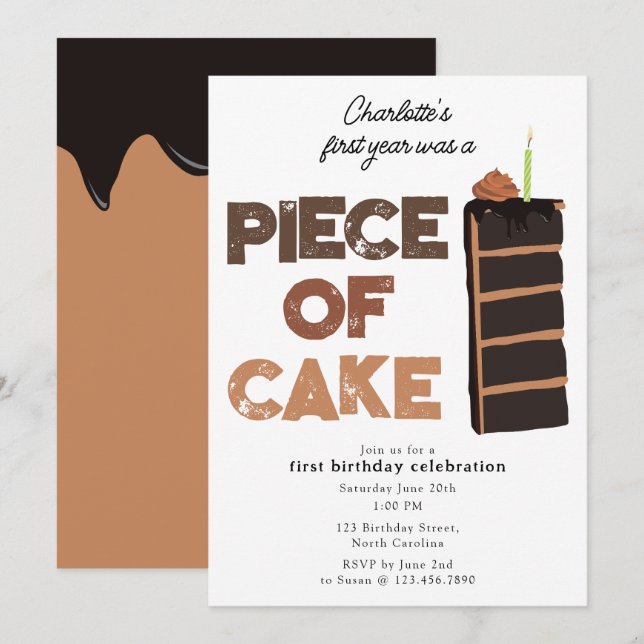 Piece of Cake Invite 1st  First Birthday Cute (Front/Back)