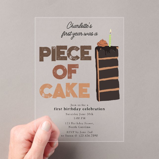 Piece of Cake Invite 1st  First Birthday Cute Acrylic Invitations (Insitu (Handheld))