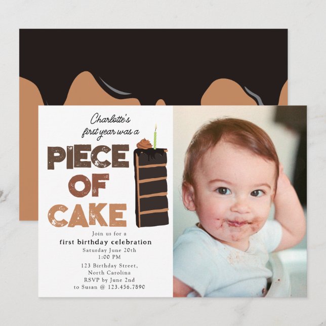 Piece of Cake Invite 1st  First Birthday Photo (Front/Back)