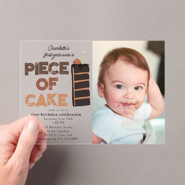 Piece of Cake Invite 1st  First Birthday Photo Acrylic Invitations (Insitu (Handheld))