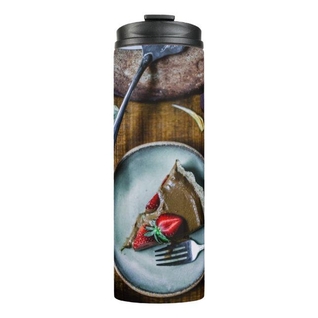 PIECE OF CAKE SERVED ON ROUND GRAY CERAMIC PLATE THERMAL TUMBLER (Front)