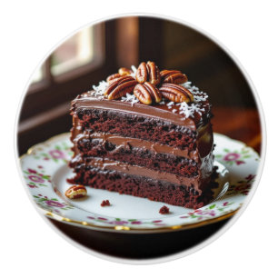 Piece of German Chocolate Cake on a Fancy Plate Ceramic Knob
