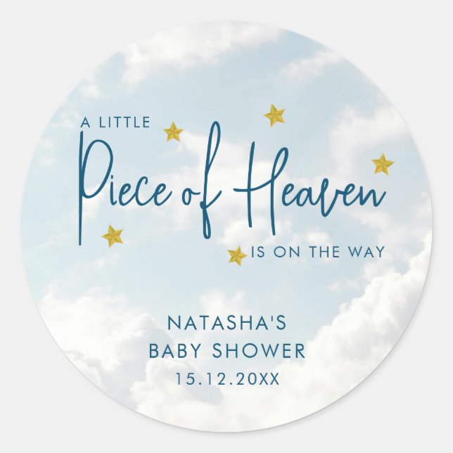 Piece of Heaven Blue Clouds Baby Shower Classic Round Sticker (Front)