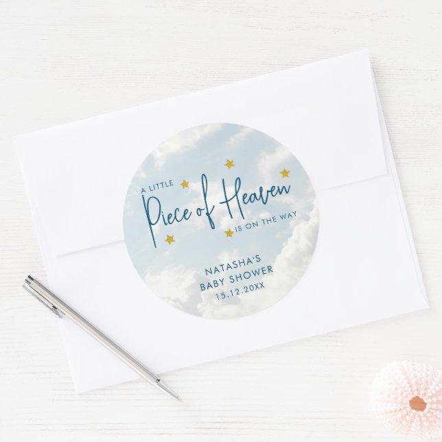 Piece of Heaven Blue Clouds Baby Shower Classic Round Sticker (Envelope)