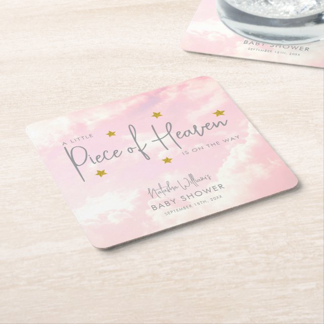 Piece of Heaven Clouds Baby Shower Square Paper Coaster (Angled)