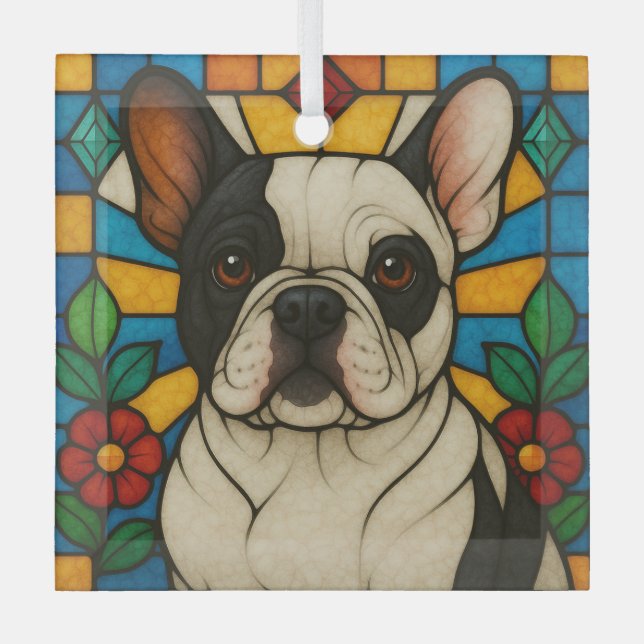 Pied French Bulldog Dog "Stained Glass" Glass Tree Decoration (Front)