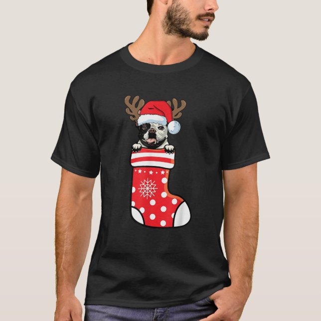 Pied French Bulldog Santa Dog On Christmas Sock Me T-Shirt (Front)