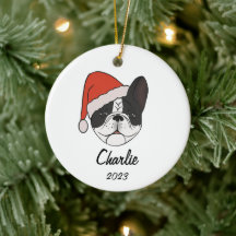 Pied Frenchie Santa Hat Christmas Ornament