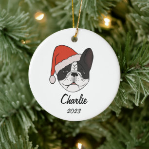 Pied Frenchie Santa Hat Christmas Ornament