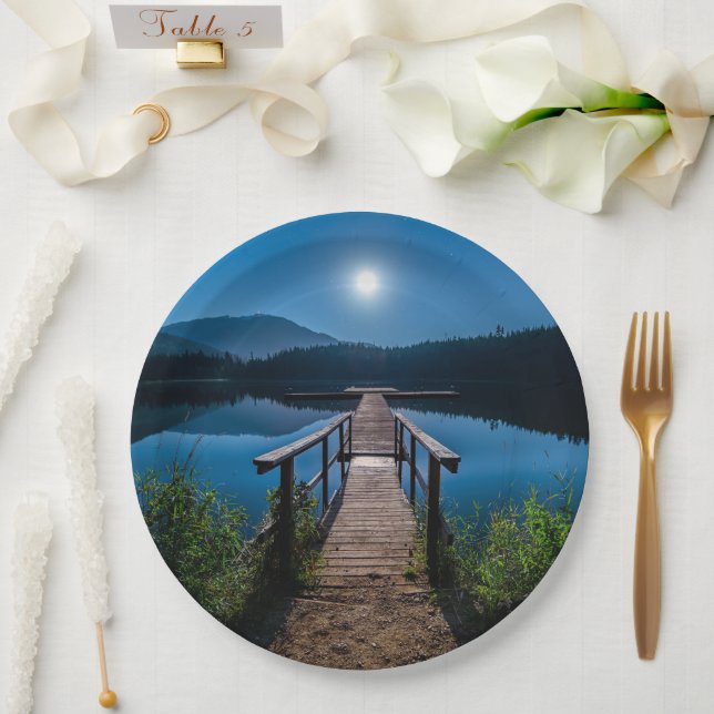 Pier at Night under a Full Moon Paper Plate (Wedding)