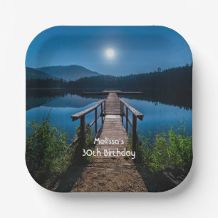 Pier at Night under a Full Moon Paper Plate