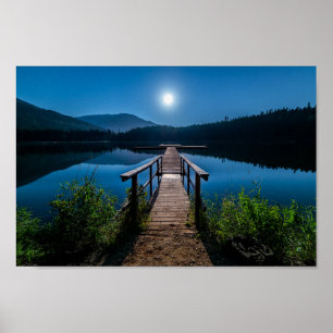 Pier at Night under a Full Moon Poster