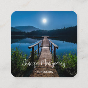 Pier at Night under a Full Moon Square Business Card