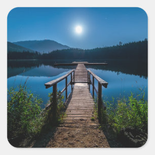 Pier at Night under a Full Moon Square Sticker