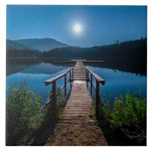 Pier at Night under a Full Moon Tile